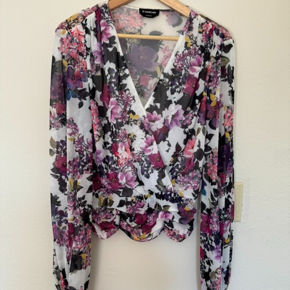 Bebe Cropped Floral Mesh wrap long sleeve blouse, Size L
